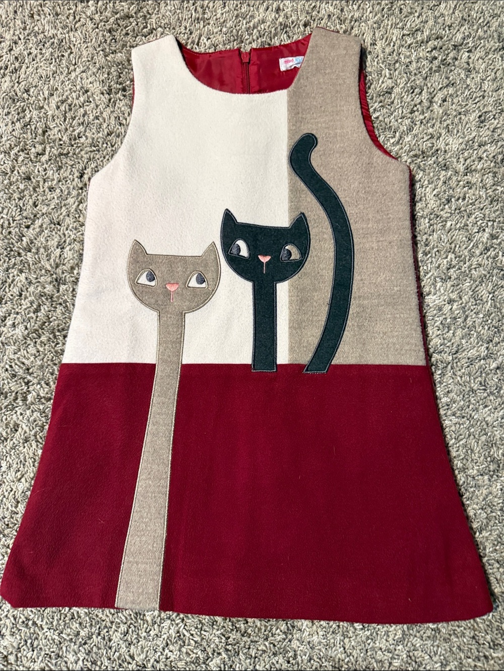 Girls Red, Cream & Tan Colorblock Dress with Cat Appliqués